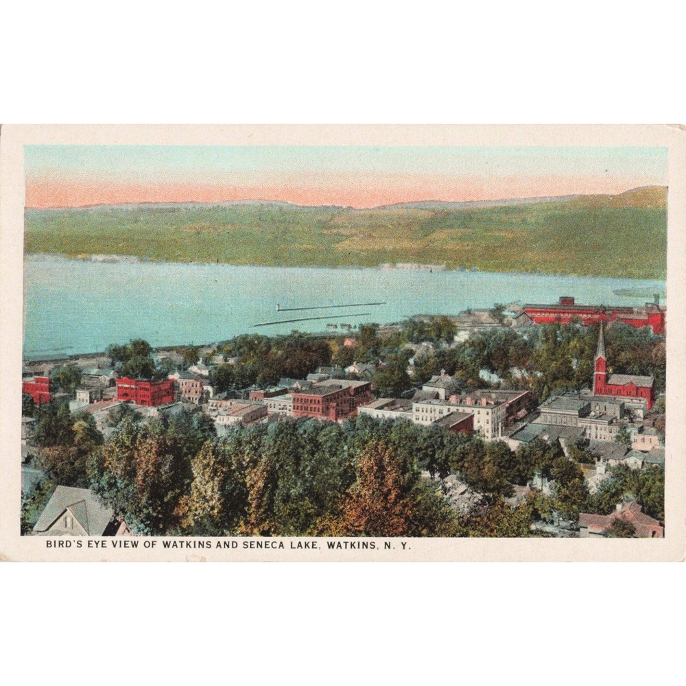 Vintage Watkins and Seneca Lake NY Bird's Eye View Linen Postcard VG+ - Picture 1 of 2